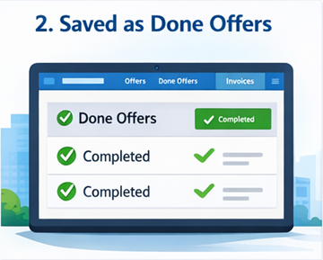 Käyttäjän hallintapaneeli, jossa valmiit kuljetukset on tallennettu Valmiiksi tarjouksiksi ExusTransissa